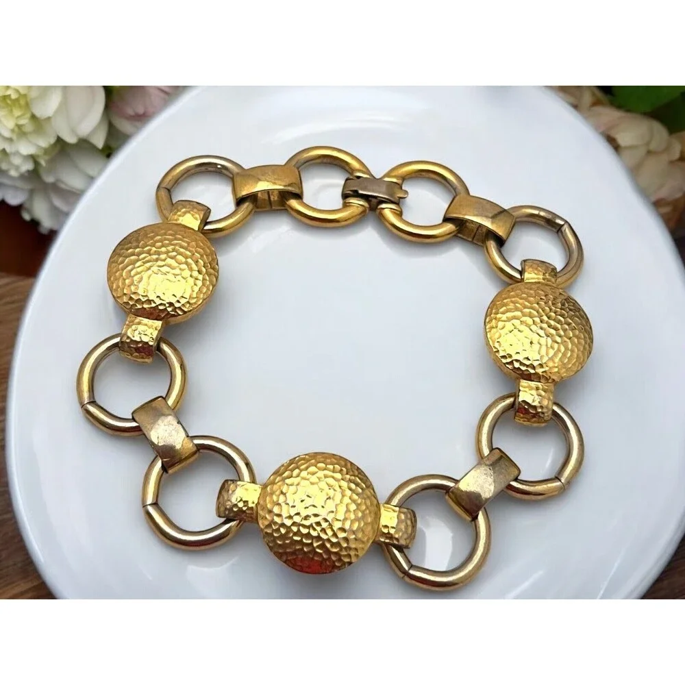 Vintage 1980s Monet Link Bracelet Hammered Gold Tone - 8M
